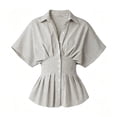 thumbnail image 2 of SSZMDLB Women Collared Short Sleeve Button Down Pleated Peplum Top Casual Blouse Solid Basic Shirt Office Outfits Summer Work Tops, Black L, 2 of 9