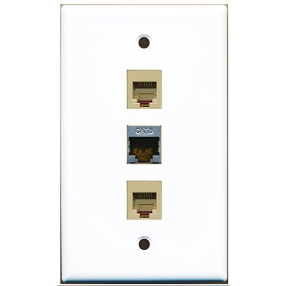 RiteAV - 2 Port Phone RJ11 RJ12 Beige and 1 Port Shielded Cat6 Ethernet Wall Plate