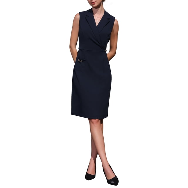 INSPIRE CHIC Vestido Lápiz Sin Mangas para Mujeres con Solapa Notch, Vestidos Formales de Trabajo de Imitación Envoltura, Color Azul Marino