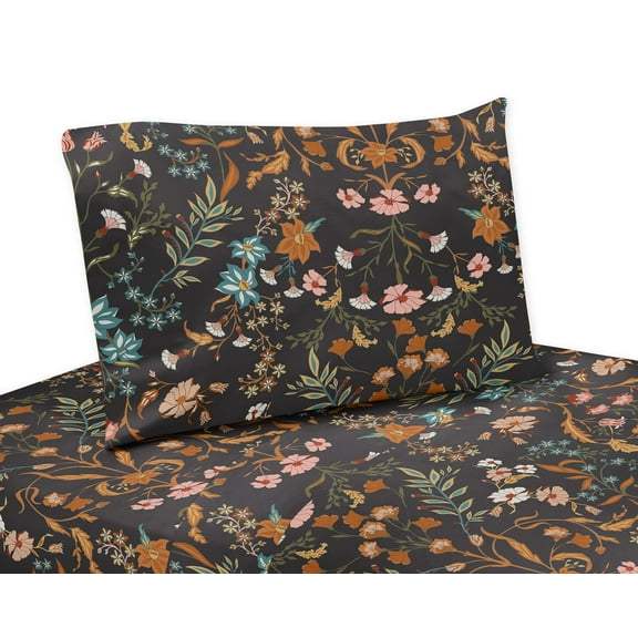 Sweet Jojo Designs Boho Floral Wildflower Black and Orange Girl Twin Size Sheet Set 3 Piece