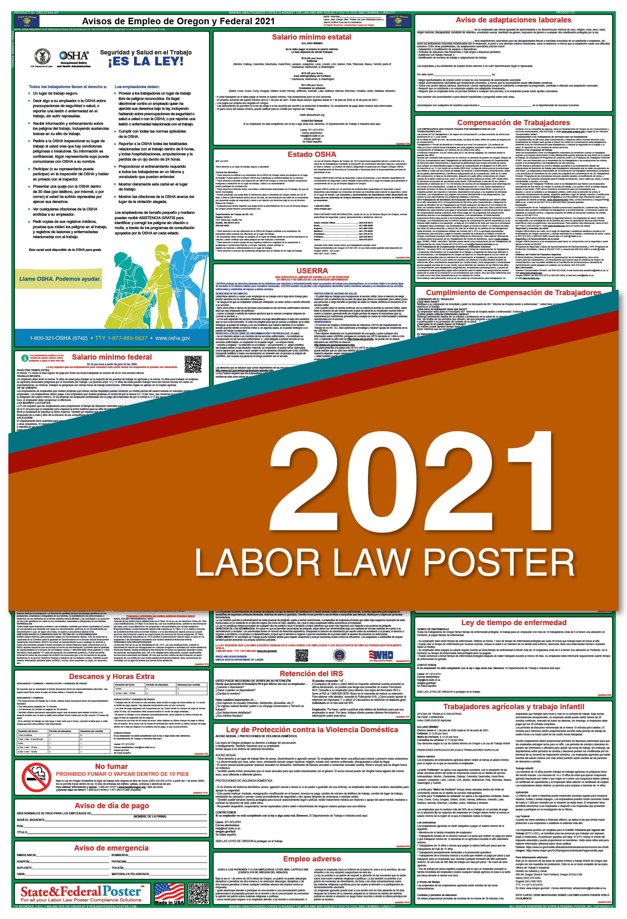 State Federal Poster 2021 Oregon State And Federal Labor Law Poster