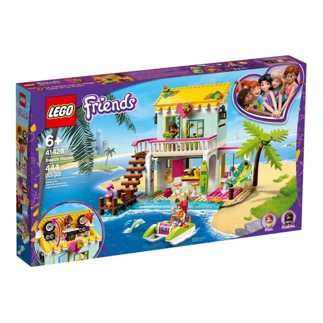 Set LEGO Friends Casa en la Playa 41428 con 444 piezas incluye una casa de playa amarilla con balcón, escaleras, accesorios, dos minipersonajes y figuras de animales. Ideal para niñas desde 6 años, fomenta la creatividad y se puede combinar con otros sets LEGO para más diversión.