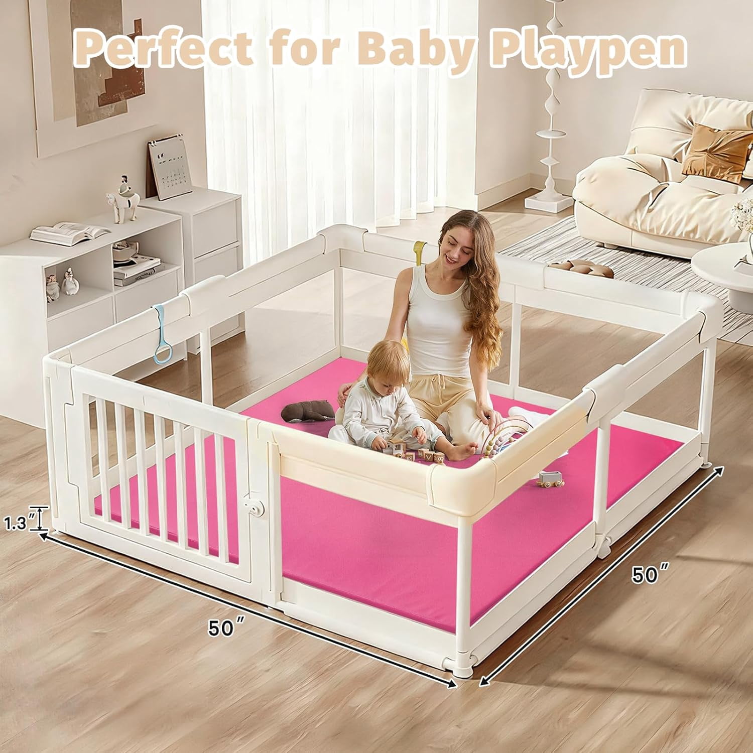 Waterproof Baby Play Mat for Floor Memory Foam 50 * 50 Cushion Playpen Playmat Tummy Time Crawling Mat Nursery Rug Thick Pad Create Soft & Safe Area for Infants,Toddler,Kids,Hot Pink