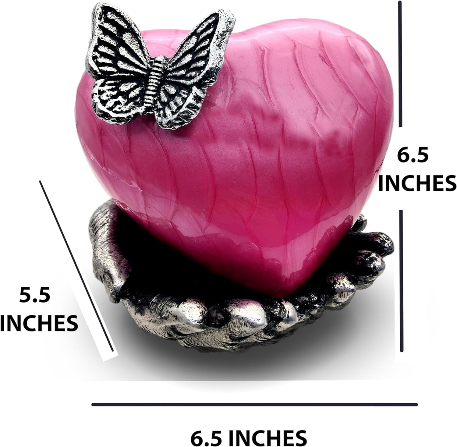 Pink Butterfly Heart Cremation Urn for Ashes with Hand Shape Stand Memorial Humans Keepsake for Women and Men