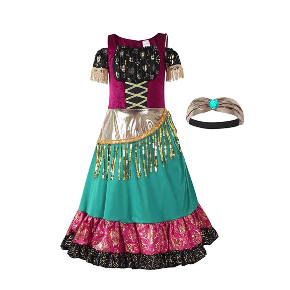 Toddler Dress Printed Roleplay Gypsy Short Sleeve Bohemia Shining Dress Headbands Girls' Dresses Red 8-10 Years