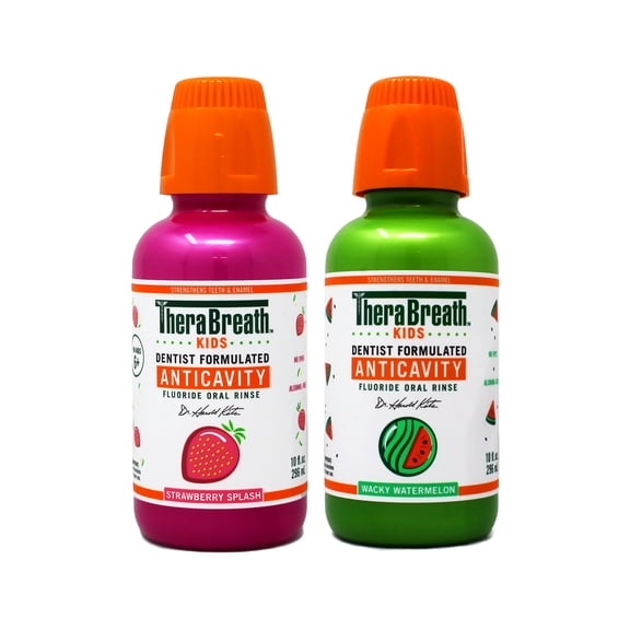 TheraBreath Kids Mouthwash with Fluoride, Organic Strawberry Splash, Anticavity, 10 fl oz & TheraBreath Kids Mouthwash with Fluoride, Organic Wacky Watermelon, Anticavity, 10 fl oz