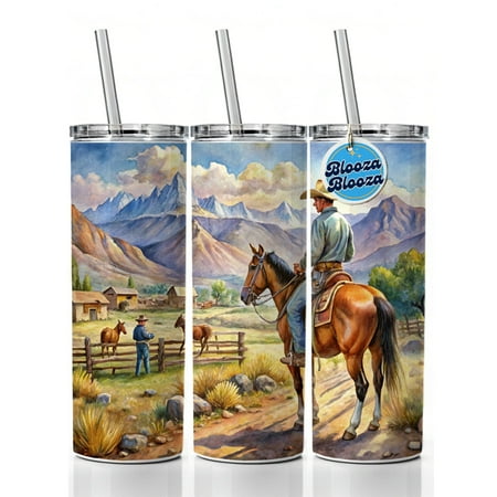 Cowboys Western Ranch Scene Watercolor 20oz Insulated Water Bottle Skinny Tumbler Includes Straw