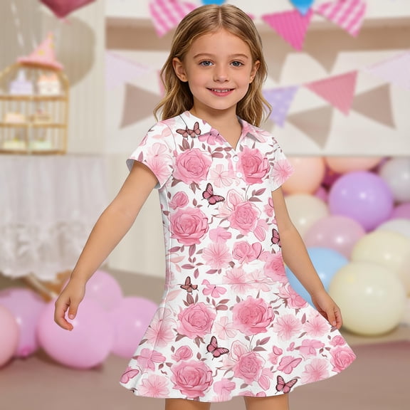 CCRFTGI Polo Dress for Kids Girls Size 6-7 Back To School Short Sleeve Uniform Cute Floral Print Pleated Flare Skater Polo Dresses Summer Button-Down Collar Pique Polo Dress Light pink 3-4 Years