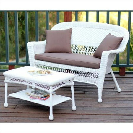 Jeco Wicker Patio Love Seat and Coffee Table Set in White with Brown Cushion