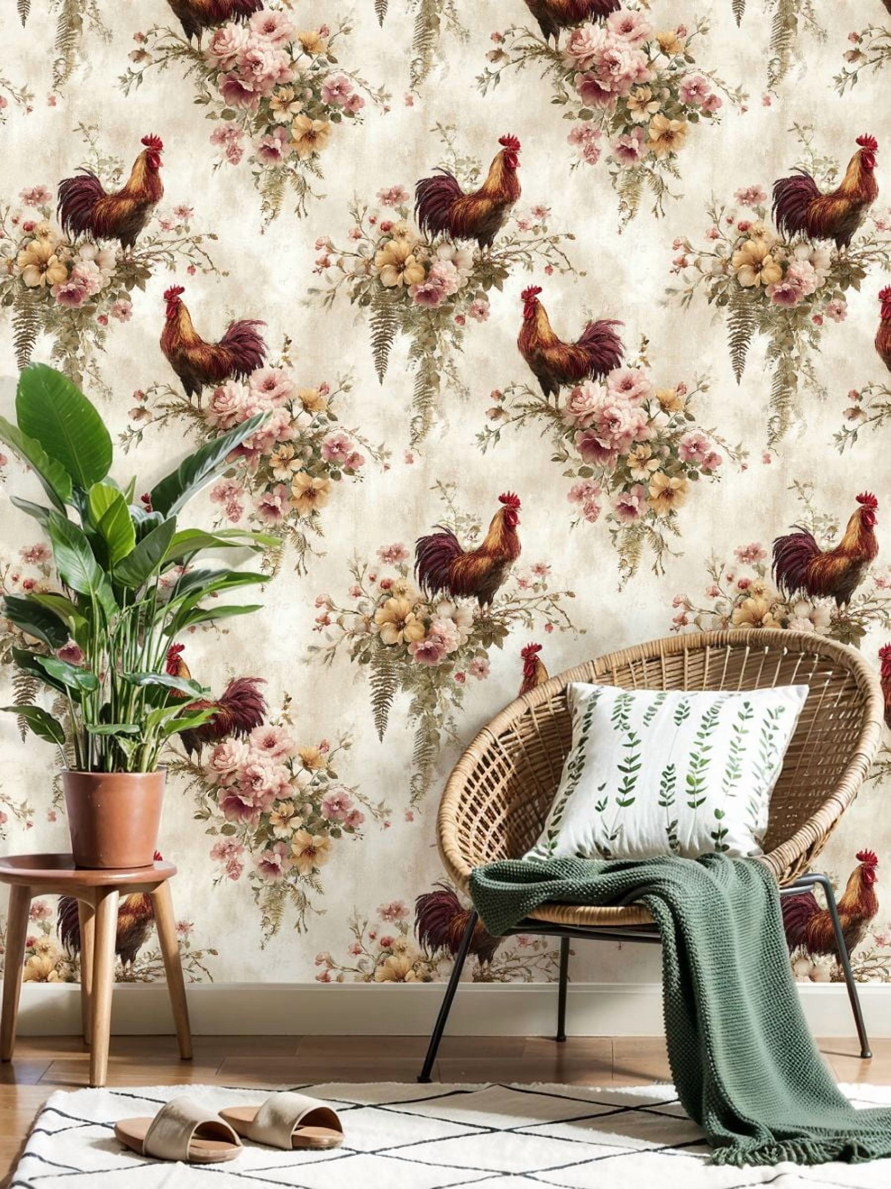 Peel and Stick Wallpaper 23.6in x 9.8ft Rustic Country Inspired Roosters Flowers Vines Farmhouse Contact Paper Vinyl Waterproof Self Adhesive Wall Paper for Bedroom Shelf Cabinet Renter Friendly