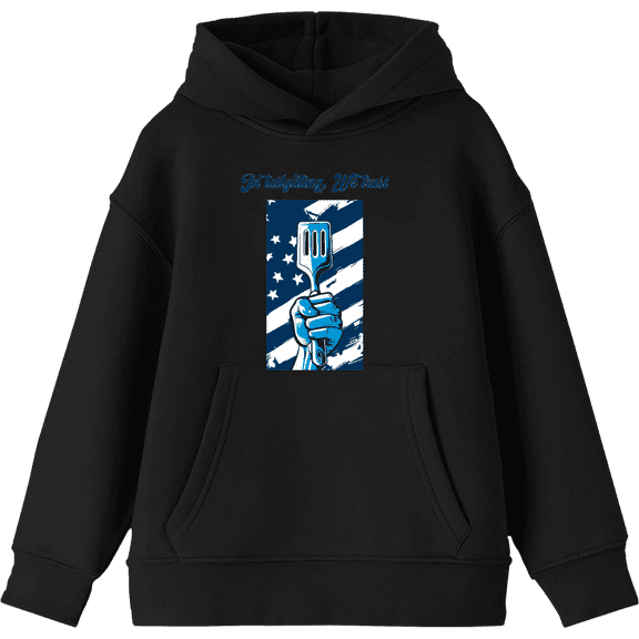 "In Tailgating We Trust" American Flag And Spatula Youth Black Long Sleeve Hoodie-XXL