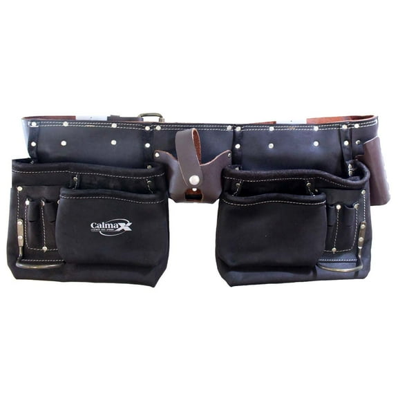 Calmax Top Grain Oiled 11-Pocket Leather Tool Belt, 2 Hammer Holders