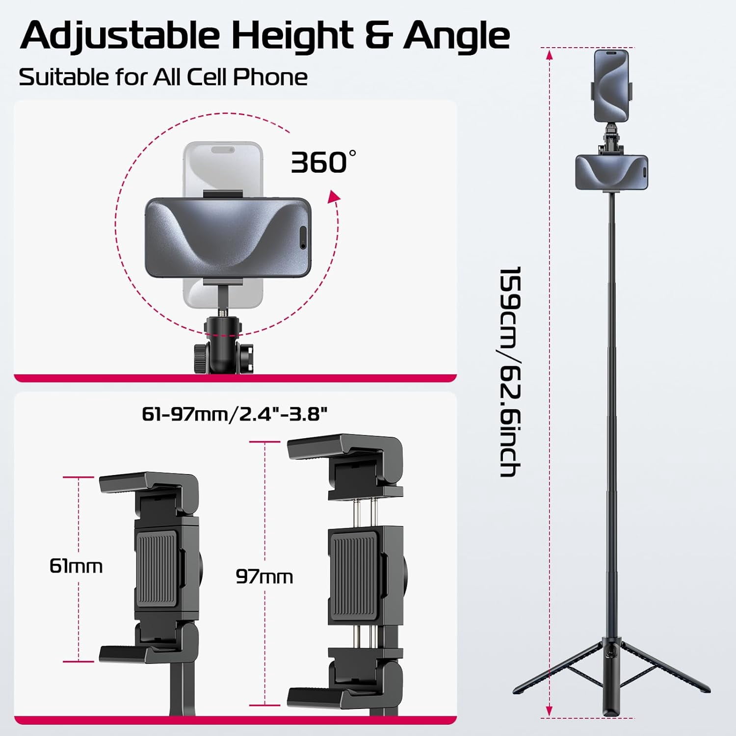Ulanzi MT-70 Extendable Tripod,63" Selfie Stick Vlog Tripod Stand With 2 Phone Clips for Smartphone Camera