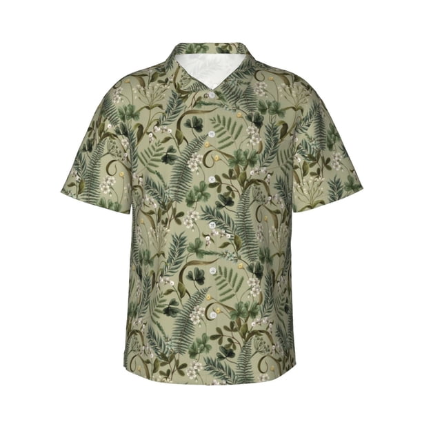 Fotbe Tropical Plants Green Camisa Hawaiana para Hombre Unisex – Camisa Casual de Verano con Botones de Manga Corta de Algodón y Lino,Small