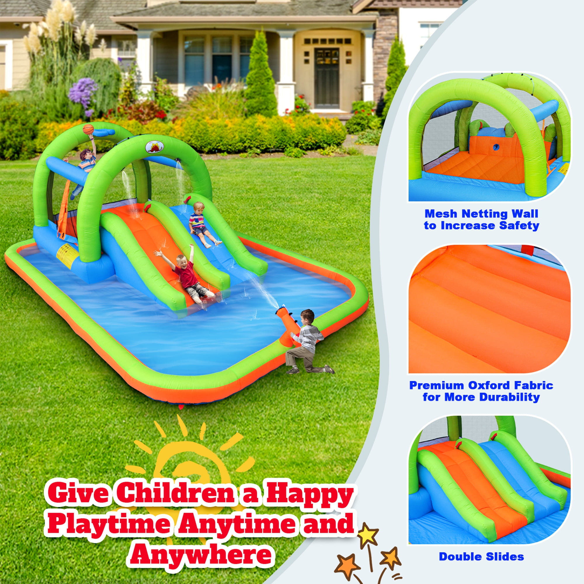 WELLFUNTIME Inflatable Water Slide, Bounce House with Blower, Splash Pool, Water Cannon, Water Park for Kids Backyard Summer Fun