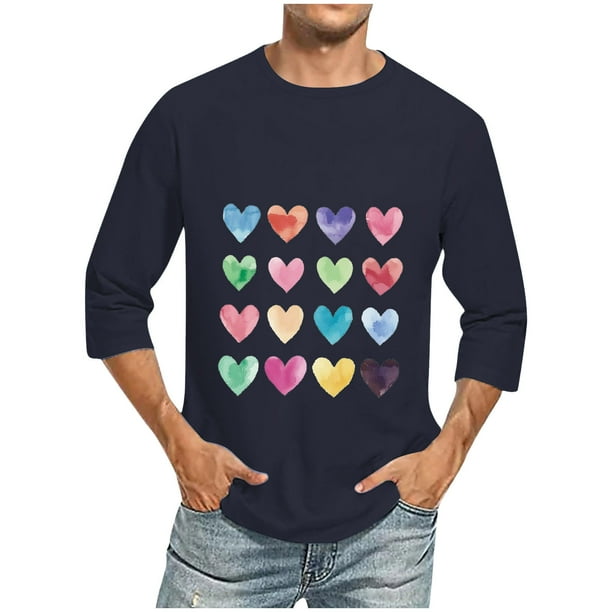 Camisas de Manga Larga para los Hombres Día de San Valentín Impresión Cuello Redondo Moda Casual, Mezcla de Poliéster de Lino de Algodón para Primavera Verano