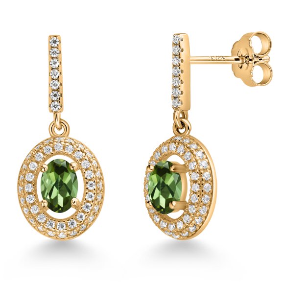 Gem Stone King 18K Yellow Gold Plated Silver Green Tourmaline and White Moissanite Dangle Earrings for Women (1.51 Cttw, Gemstone October Birthstone, Oval 6X4MM)