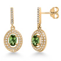 Gem Stone King 18K Yellow Gold Plated Silver Green Tourmaline and White Moissanite Dangle Earrings for Women (1.51 Cttw, Gemstone October Birthstone, Oval 6X4MM)