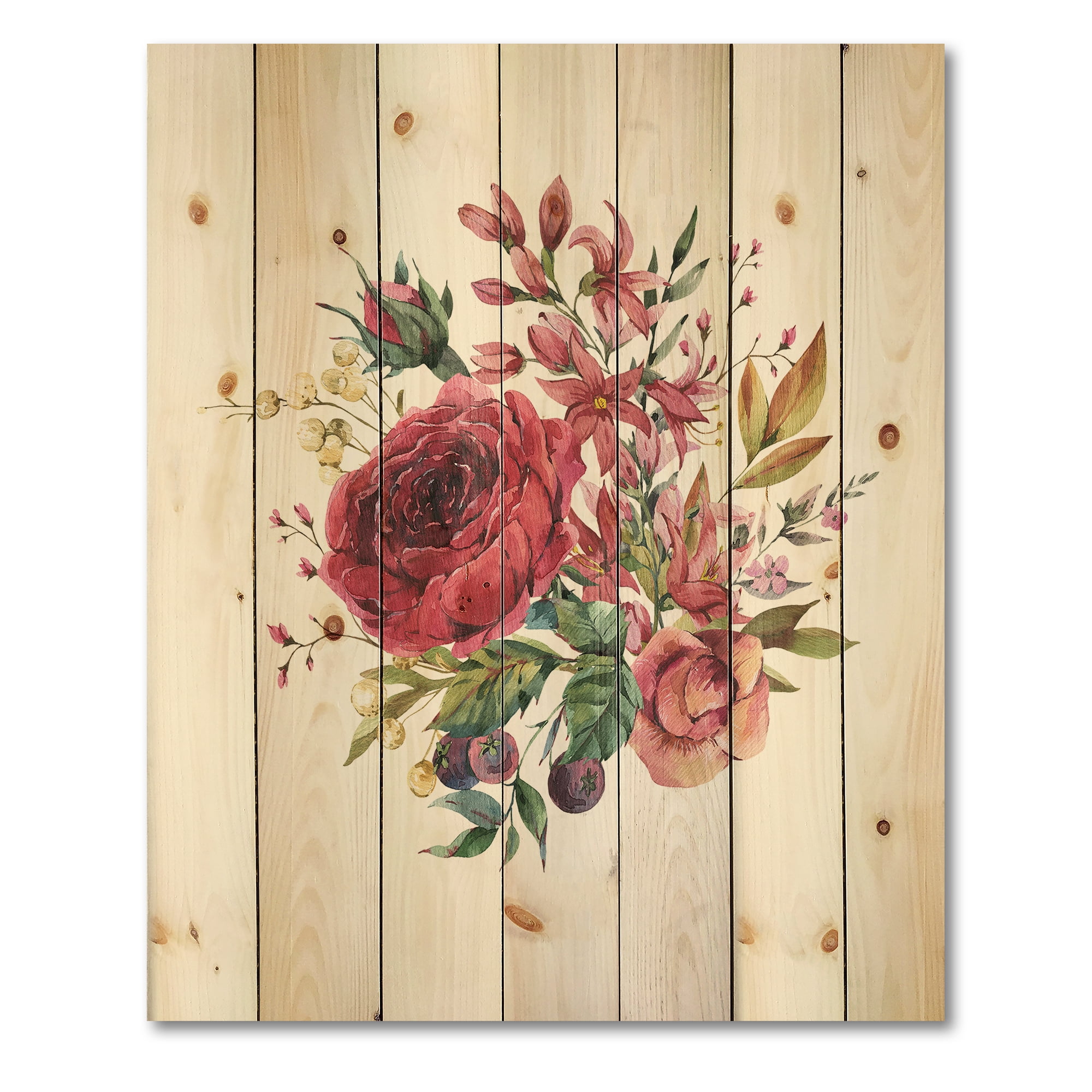 Designart 'Ancient Wildflowers and Burgundy Rose' Farmhouse Print on Natural Pine Wood