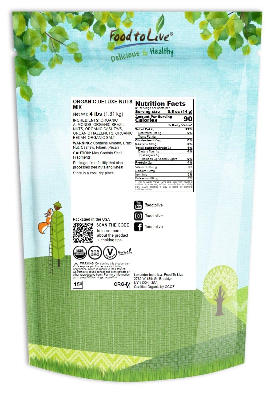 Organic Deluxe Nuts Mix, 4 Pounds — Non-GMO, Kosher, Vegan — by Food to Live