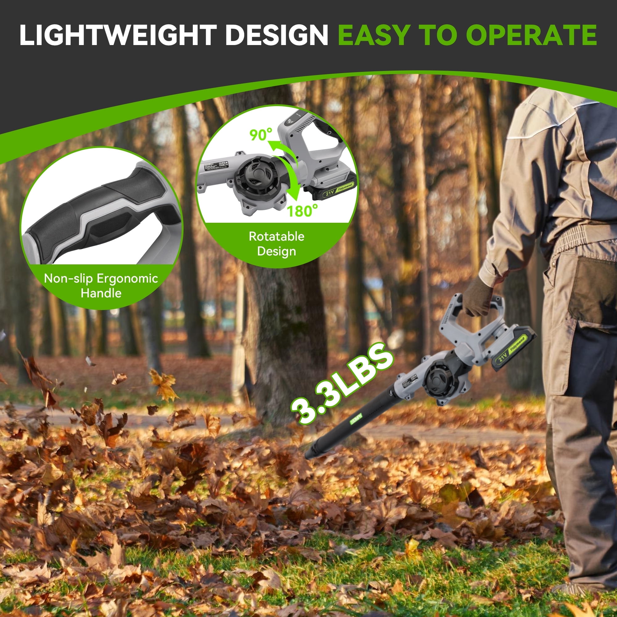 20V Cordless Leaf Blower with 2 Batteries & Adapter Charger, Lightweight 190 CFM 160 MPH Blower, 3 Speeds, 3 Nozzles for Light-Duty Patio, Sidewalk, Driveway & Yard Cleanup