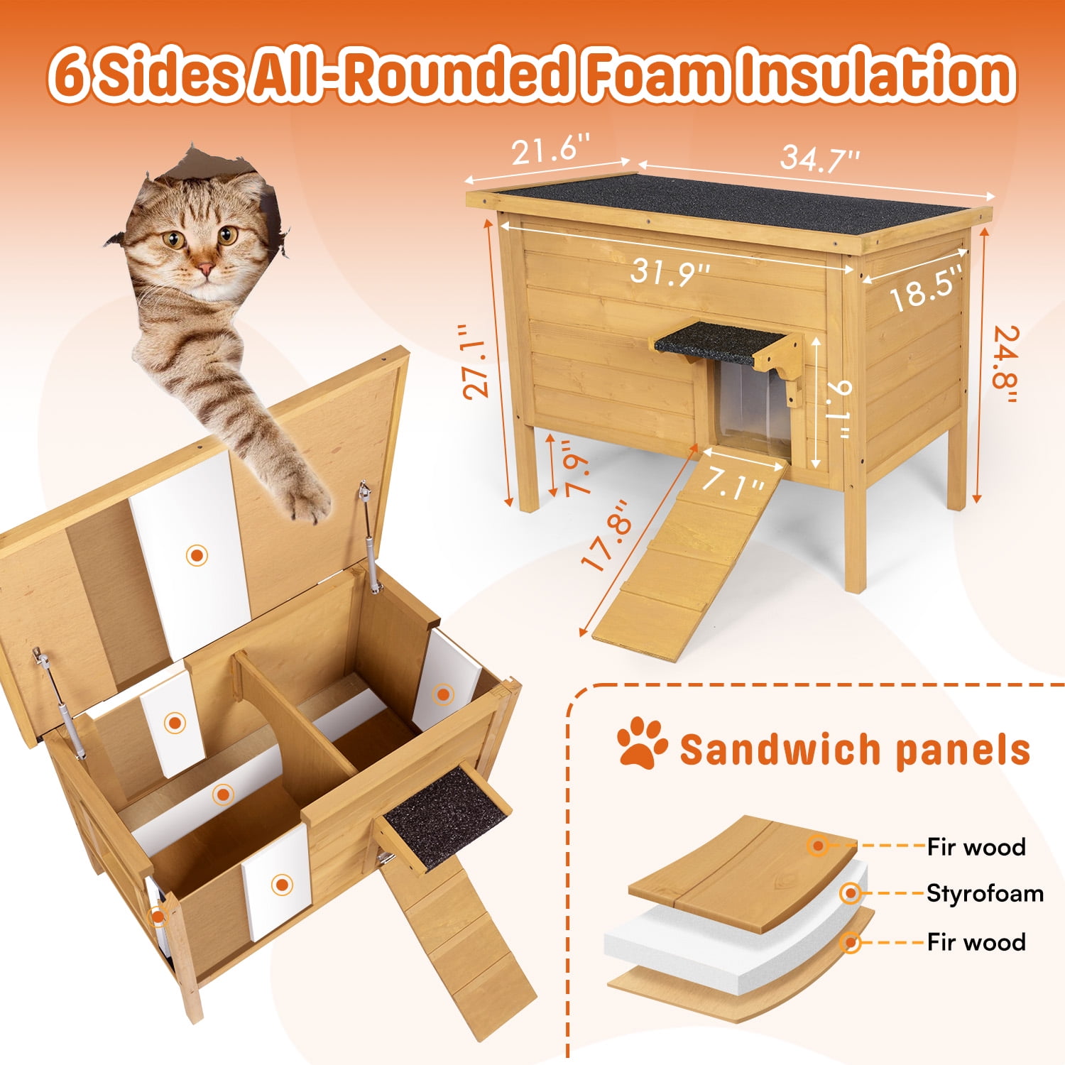 FODINGHILL Outdoor Cat House,Waterproof Cat Shelter for Winter,Feral Cat House Outdoor,Brown