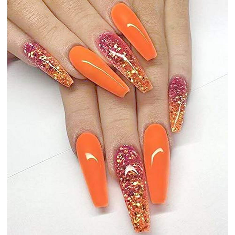  MERVF Coffin Press on Nails Long Fake Nails Orange French Tip  Ballerina Acrylic Nails with Rhinestones 24pcs Glossy False Nails for Women  : Industrial & Scientific