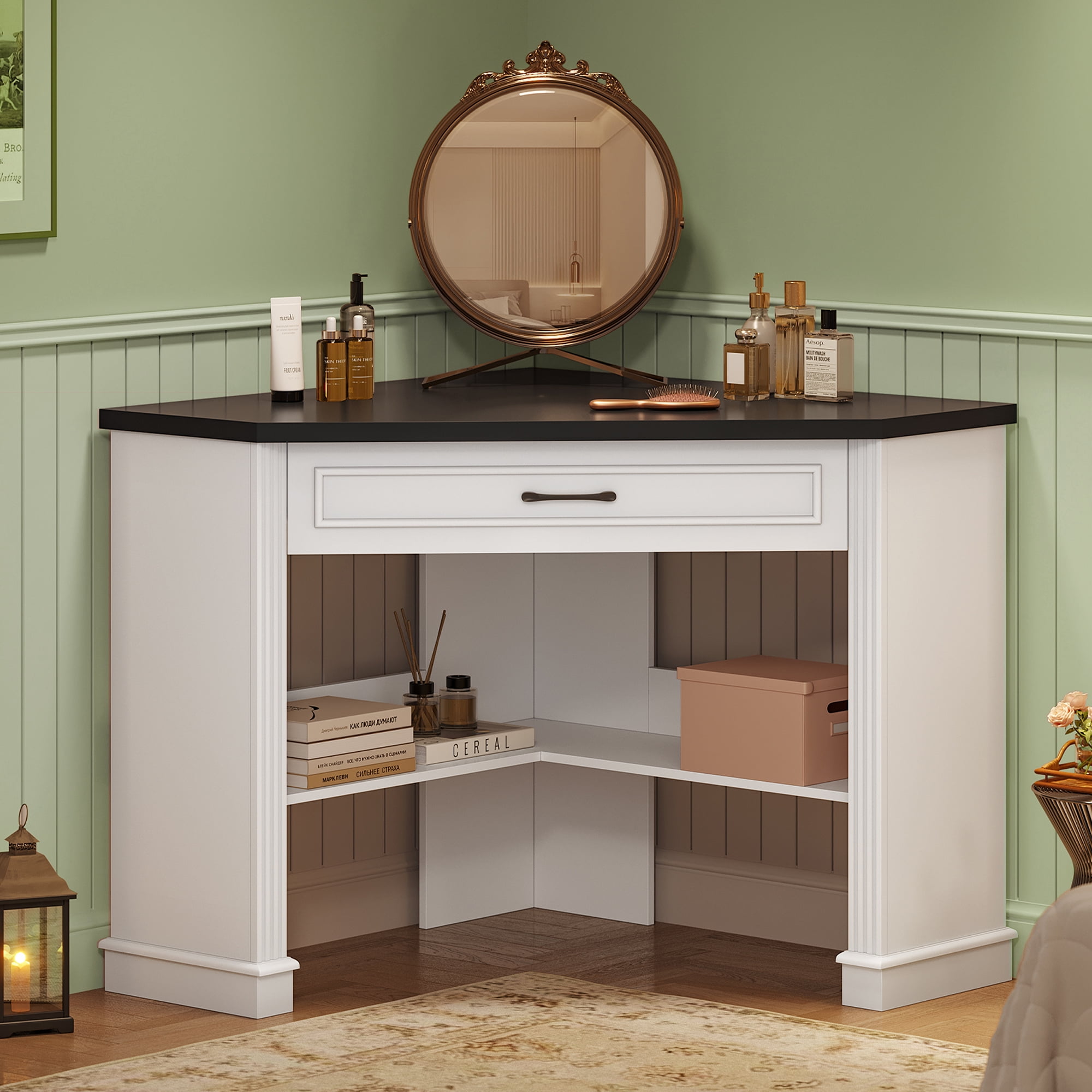 SEDETA Corner Desk for Small Space, 31.5 Inch Triangle Computer Desk with Drawer & Open Shelves for Home Office, Bedroom, Living Room, Small Farmhouse Corner Desk with Storage, White