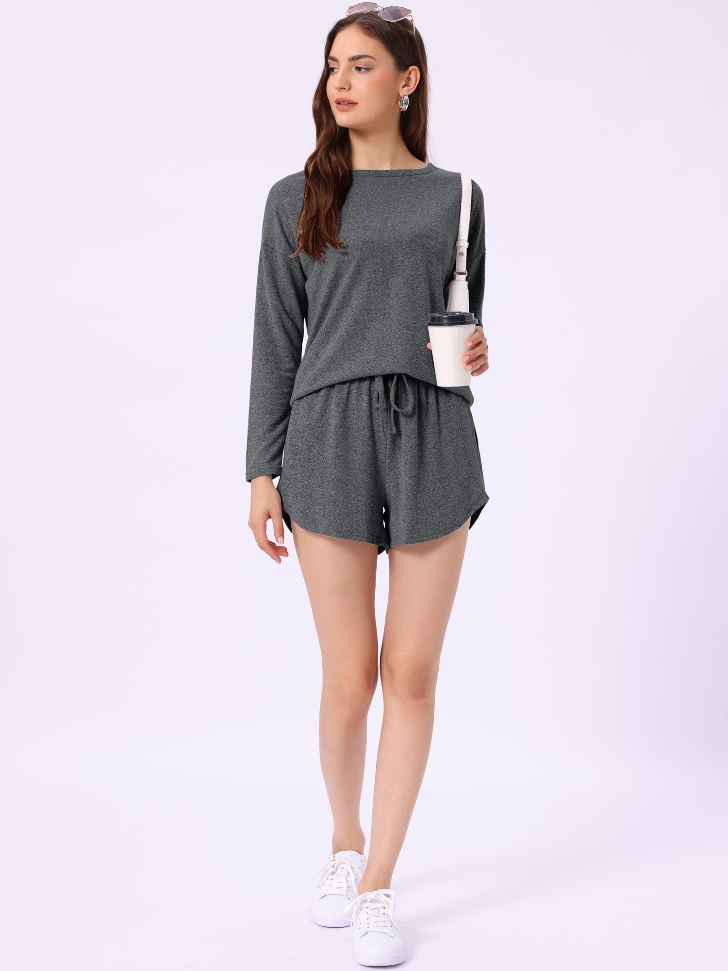 DARING DIVA Women's Long Sleeve Elastic Waistband Top and Shorts Loungewear XS Dark Gray