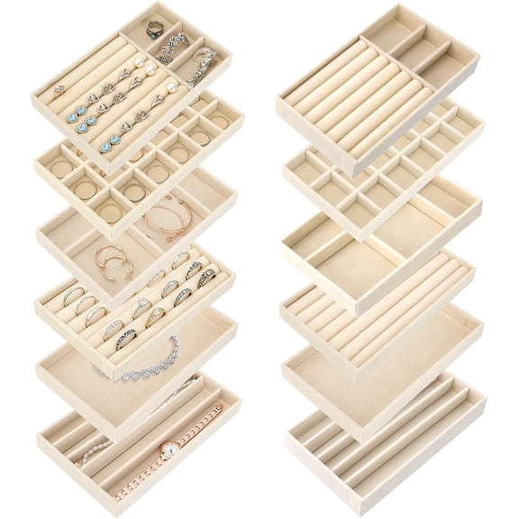 12Pcs Velvet Stackable Jewelry Trays, Jewelry Drawer Organizer, Large Removable Display Jewelry Tray, Necklace Bracelet Storage Box for Earring, Ring, Brooch, Watch (Beige)