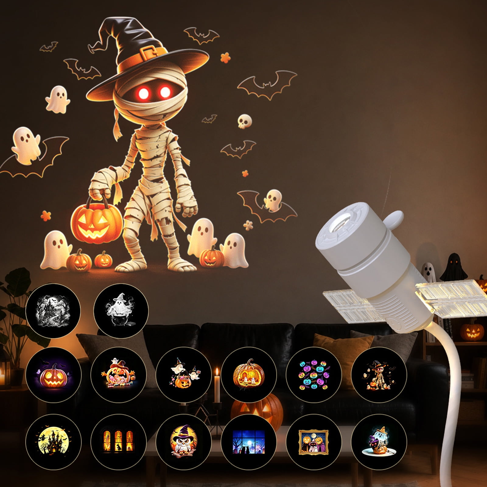 Halloween Projection Lamp USB Projector Night Light with 14 Projection Slides Festival Ambient Light for Bedroom Living Room Kids Holiday Gift