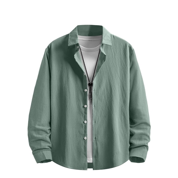 MOJOGO Men's Button Down Shirts Casual Long Sleeve Shirt Summer Breathable Cotton and Linen Tops with Chest Pockets L