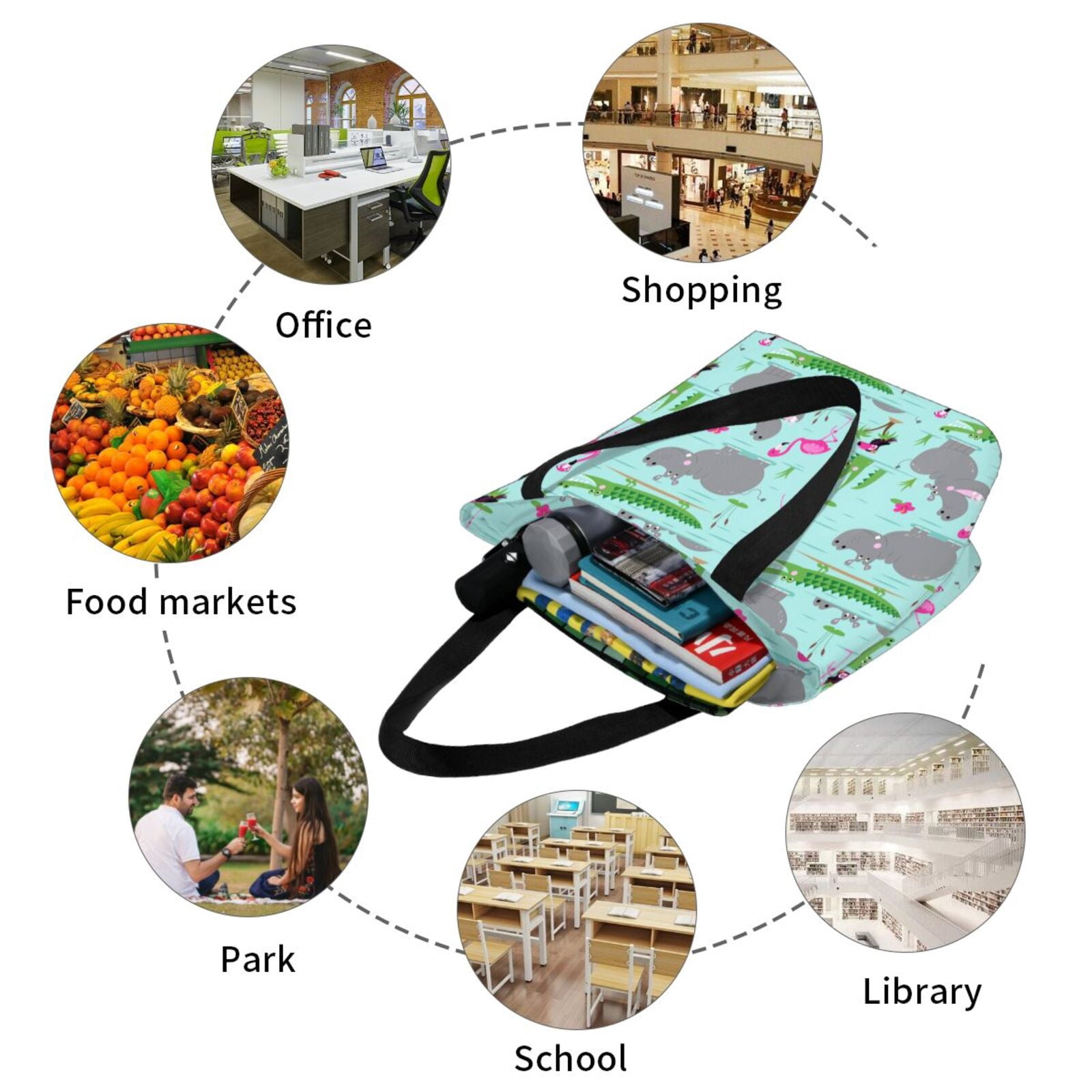 Ratiio Hippo With Flamingos And Crocodiles Print Shoulder Bag for Women, Polyester Crossbody Purse Lightweight Handbag for Daily Travel and Casual Use