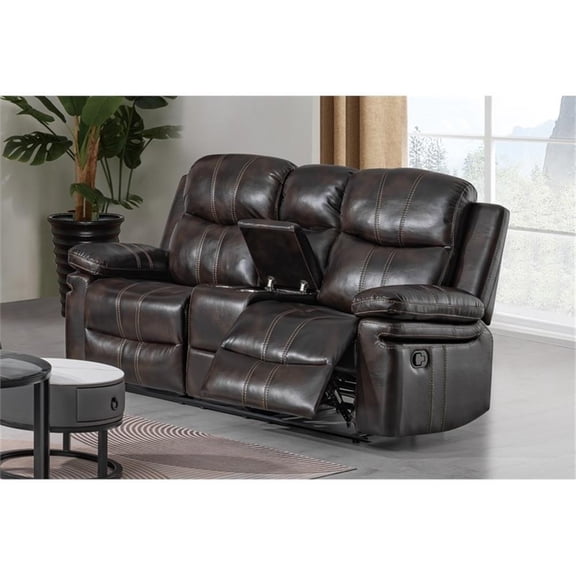 Pemberly Row Modern Faux Leather Console Loveseat w/Dual Recliner Brown