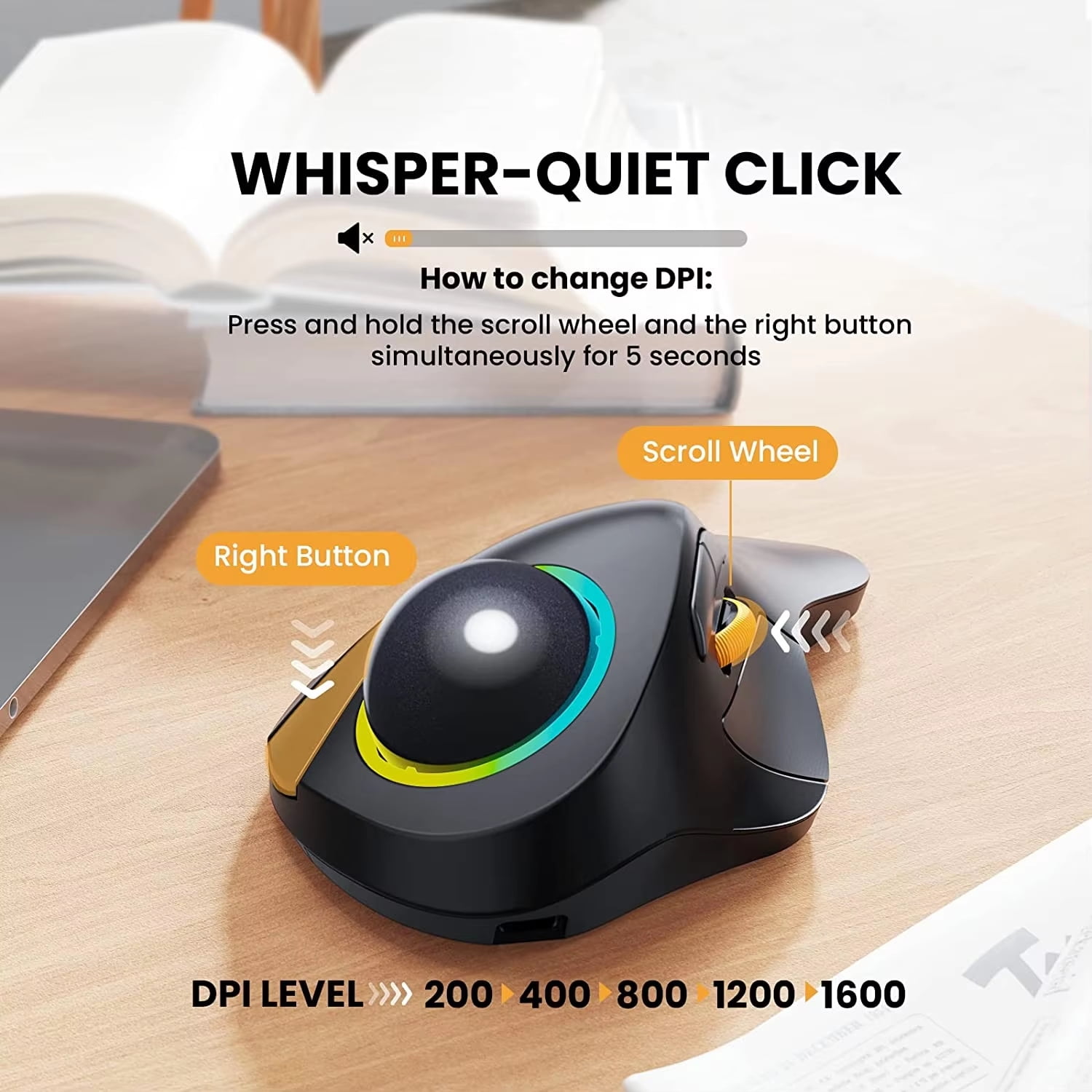 JOMAA EM03 Wireless Bluetooth Trackball Mouse – Ergonomic Rechargeable Rollerball Mouse with RGB Backlight for Windows, Mac, iPad
