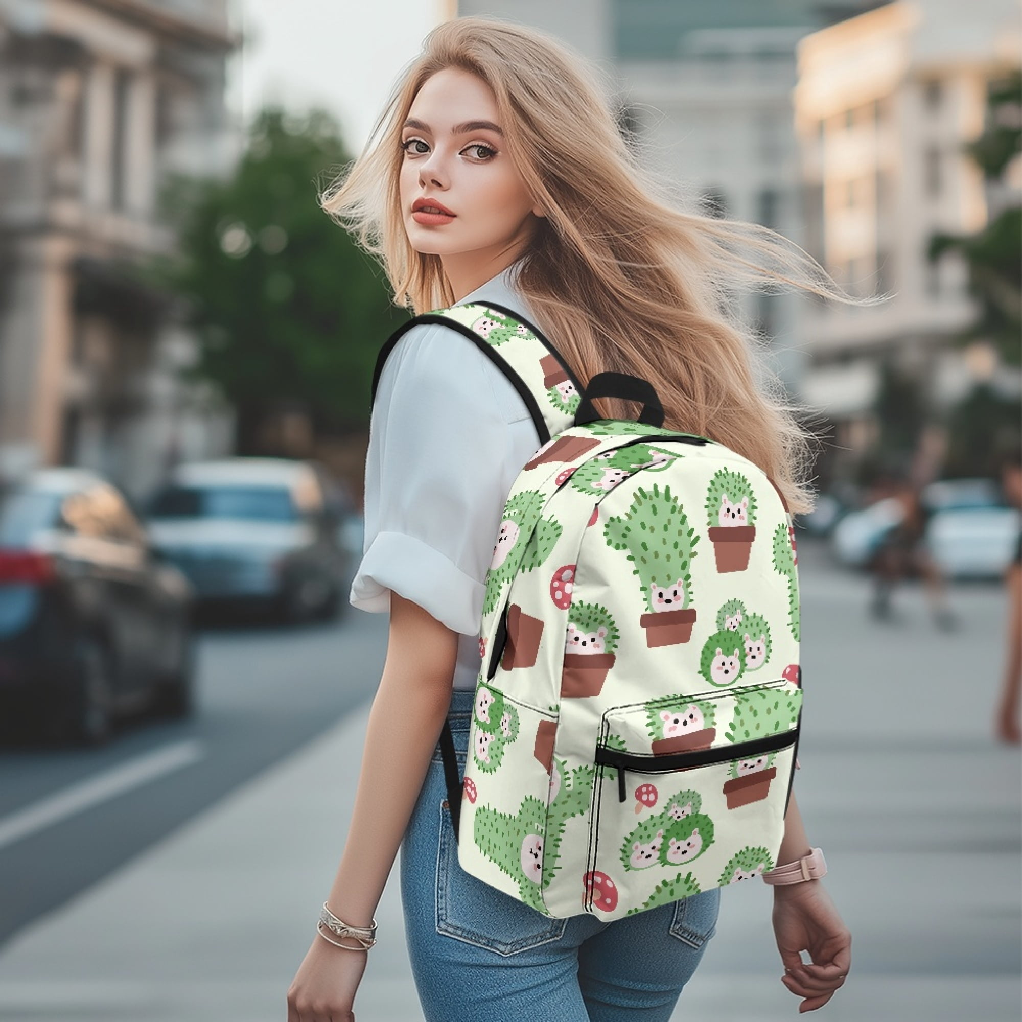 Uourmeti Cute Casual Backpack with Cactus Hedgehog Design - Great for Daily School and Outdoor Travel