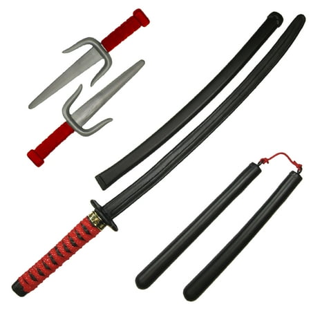Suit Yourself Ninja Warrior Supplies, Include Red and Black Sword, Scabbard, 2 Red and Silver Ninja Sais, and
