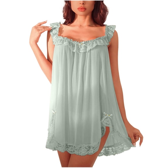 XIAONU Women's Lace Trim Sheer Nightgown Set Loose Sleeveless Square Neck Sleep Set Sheer Alluring Sleep Nightdress