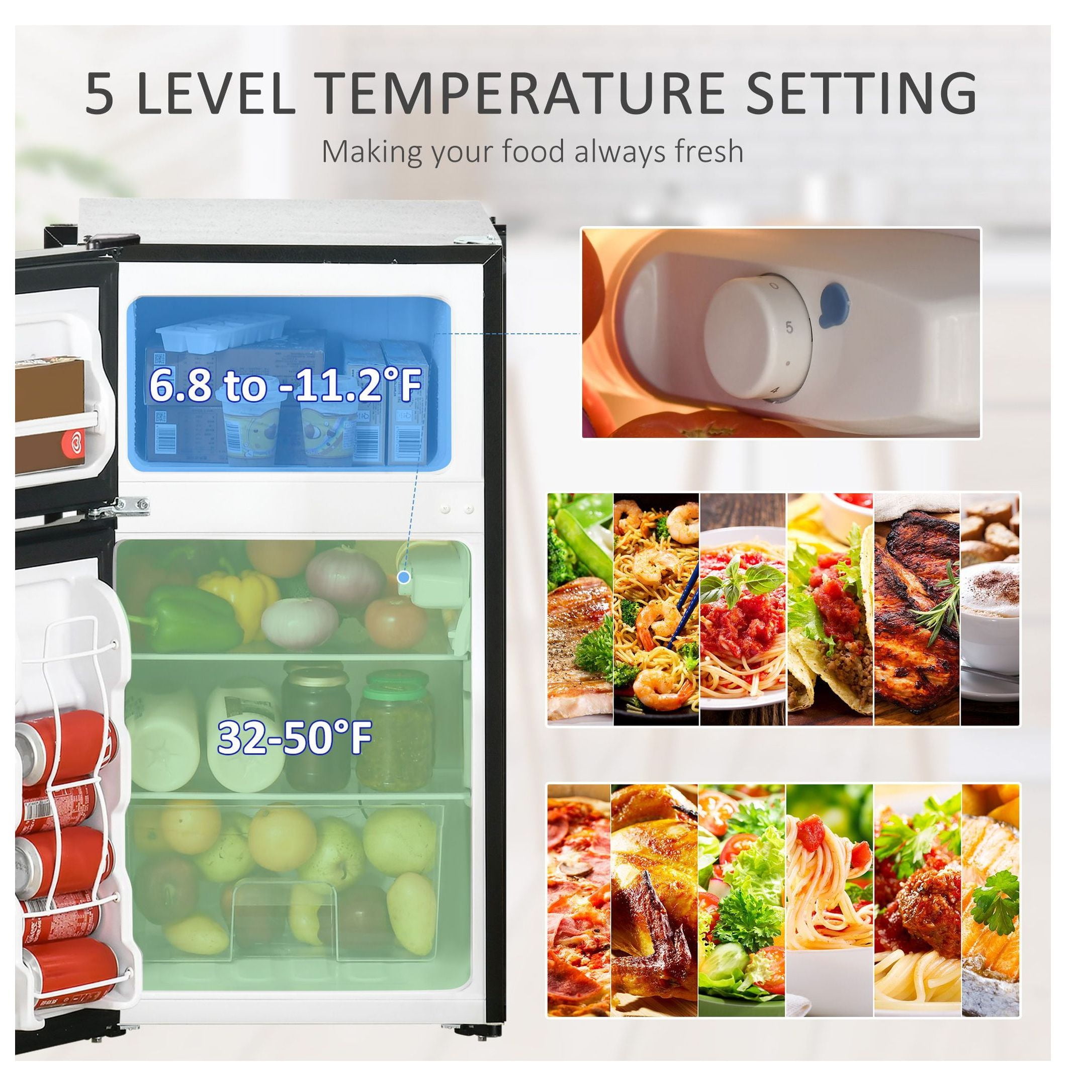 3.2 Cu.Ft Mini Fridge with Freezer - Double Door Refrigerator Adjustable Thermostat Reversible Door Black - Dorm, Apartment, Bedroom