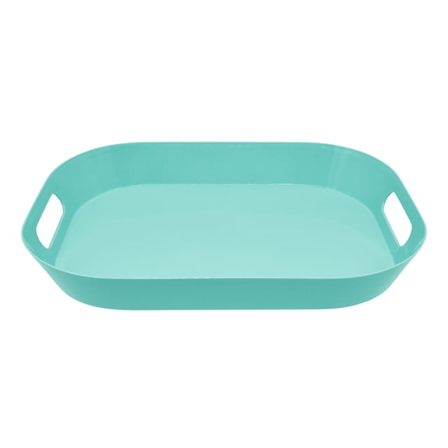 Mainstays Light Blue Plastic Modern Rectangular Serving Tray with Handles, 16" x 12" x 2", 1 Piece