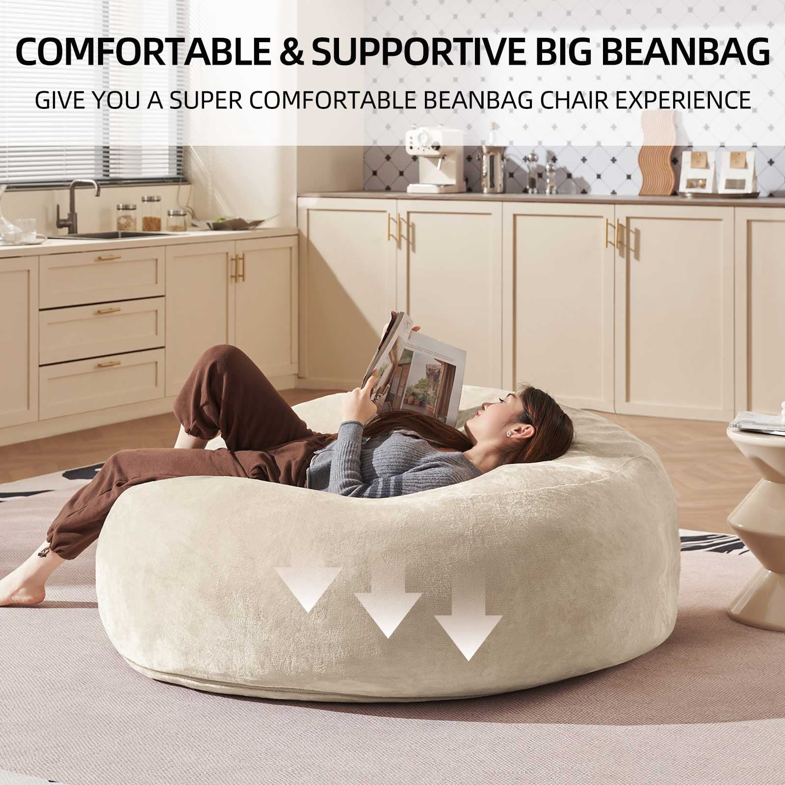 Bean Bag Chair 4FT,  Large Memory Foam Filled Chair for Adults and Teens, Soft Sofa with Removable Flannel Cover, Round Couch for Living Room Bedroom College Dorm