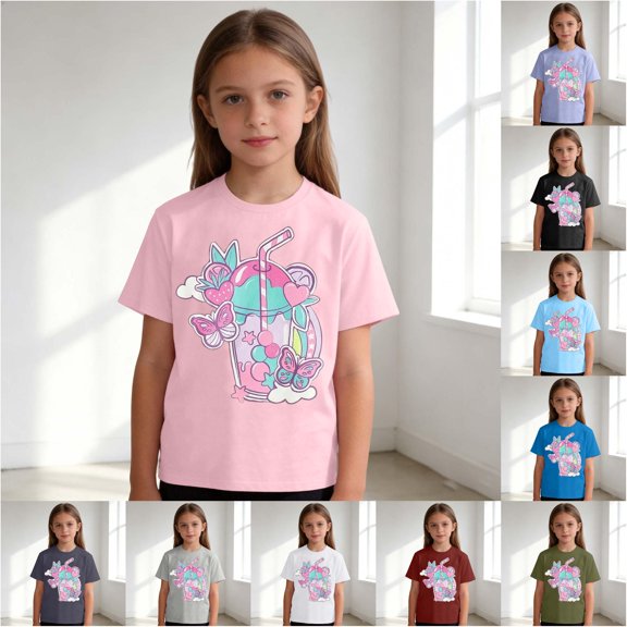 Trendfront Girls Cartoon Graphic Shirt Cute Character Print Summer Tee Crewneck Short Sleeve Casual Fashion T-Shirt Everyday Wear Playwear Tops