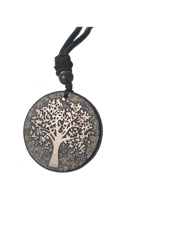 CYLLYKGIFT Shungite Tree of Life Pendant Necklace Hand-Carved Natural Energy Amulet Round Design with Adjustable Cord 9.4" Unisex Spiritual Jewelry