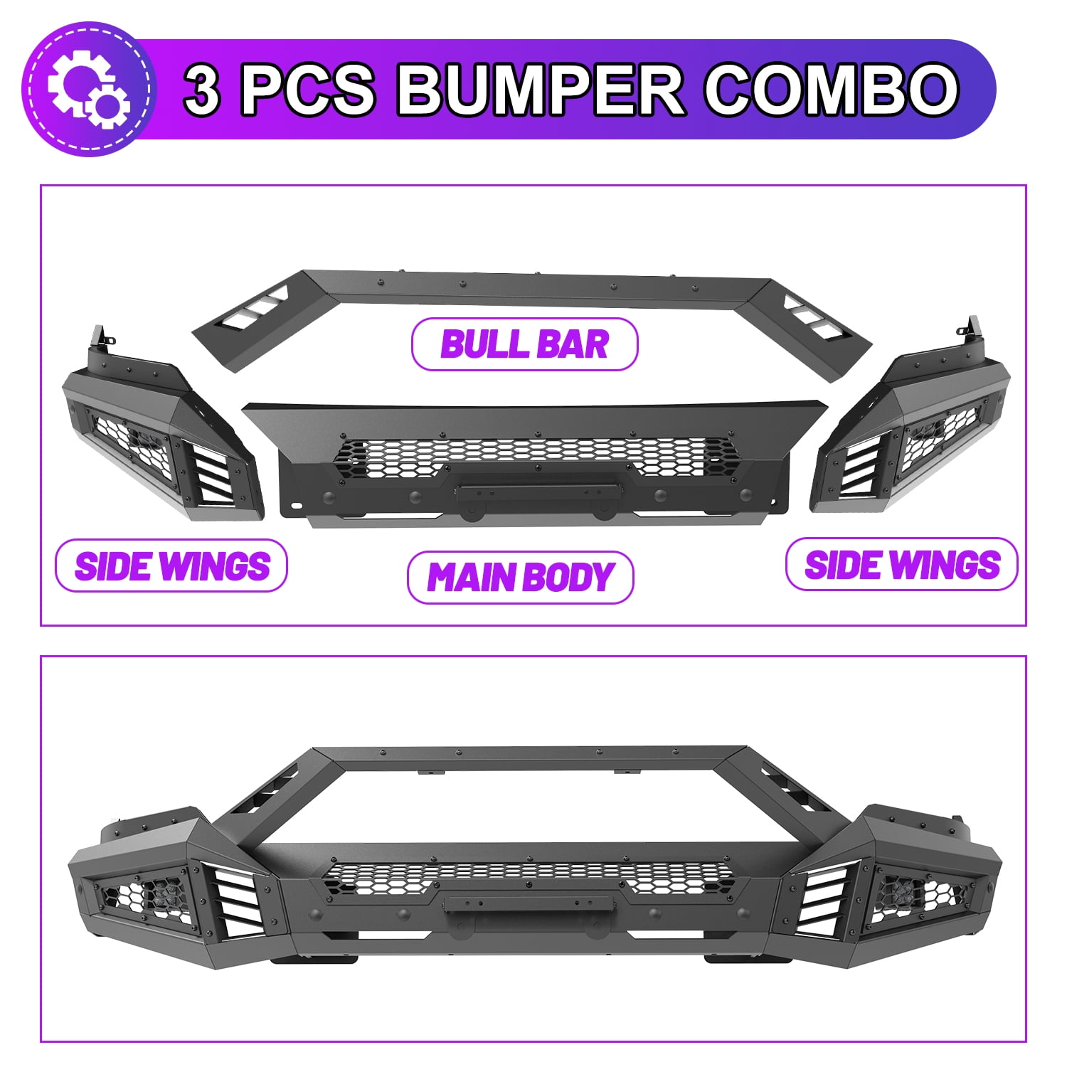 Front Bumper for 2013-2018 Dodge RAM 1500 Pickup Truck(w/o Rebel)2019-2024 Ram 1500 Classic(w/o Warlock),Paintable Bumper w/Bull Bar,LED Pod Light & Light Bar Bracket