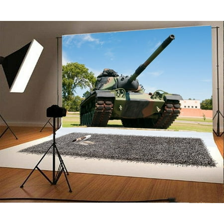 HelloDecor Polyster Tank Backdrop 7x5ft Photography Background Military War Battle Troops Training Green Trees Photos Video Studio