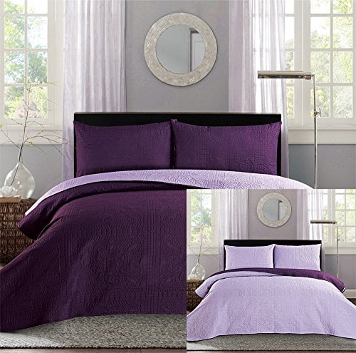 New Full \/ Queen Bed Luxury 3-piece Purple Reversible Bedspread Coverlet set Solid Embossed 