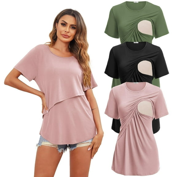 Ekouaer Women's Maternity Shirts Short Sleeves Nursing Tops 3 Pack Double Laye Breastfeeding Tees Pregnancy Clothes