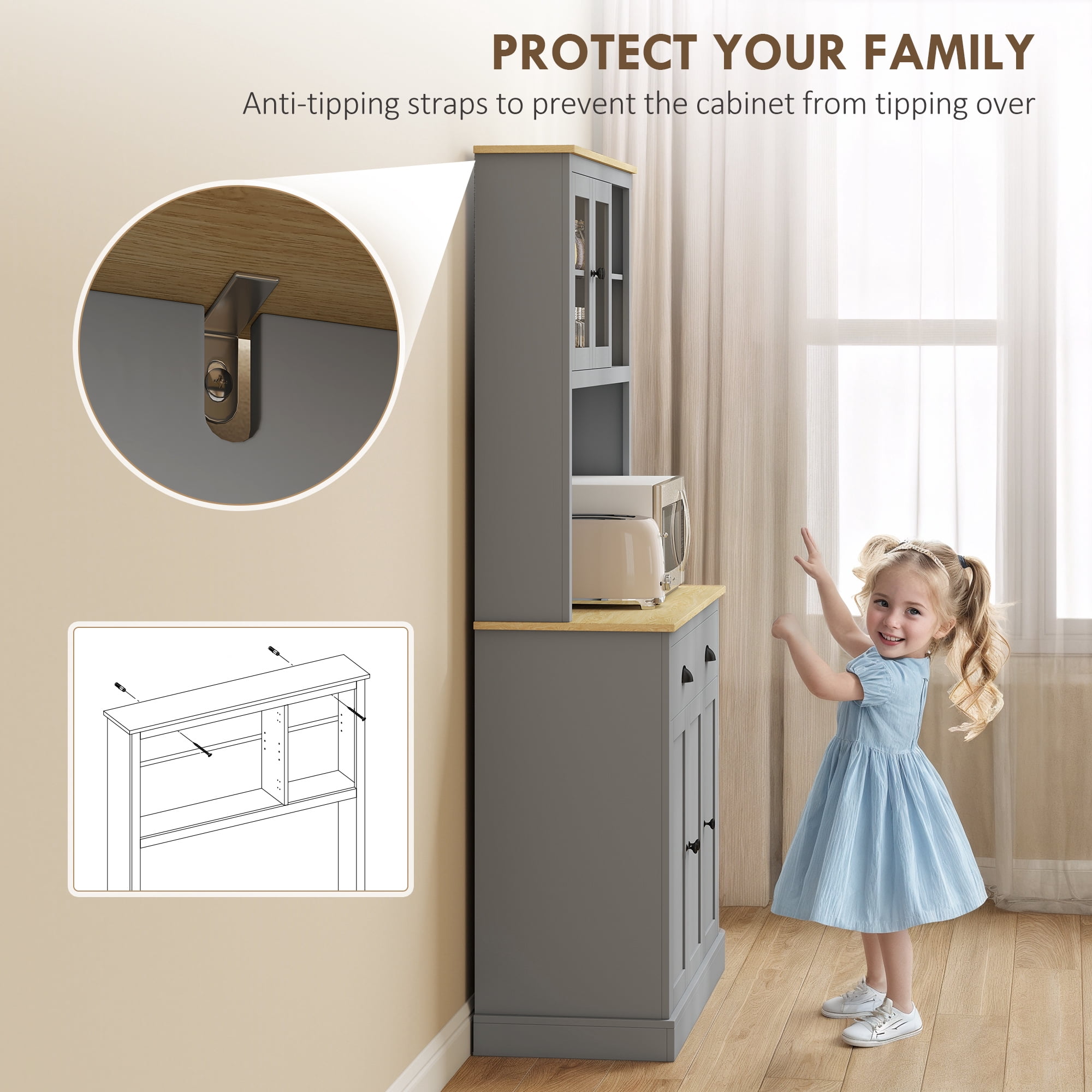 HOMCOM Kitchen Cabinet with Microwave Stand, 71" Pantry Cabinet, Gray