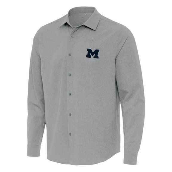 Men's Antigua Gray Michigan Wolverines Exposure Woven Long Sleeve Button-Up Shirt