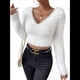 thumbnail image 2 of Suéter Corto de Larga con Cuello en V para Mujer, Informal, Liso, Ajustado, Cálido, de Punto L, 2 of 9